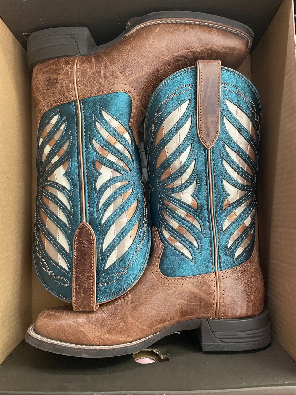Ariat Brown and Teal Leather Western Cowgirl Boots NWT Womens Size 7 - Picture 5 of 5